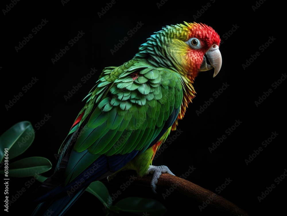 AI-generated illustration of a parrot with striking red and green plumage perched on a branch.