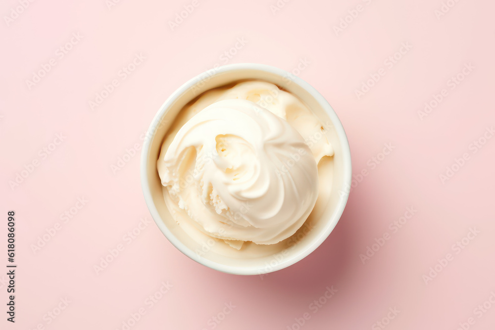 Top view of delicious vanilla milk ice cream in a round white vase isolated on a light pastel pink background. Copy space for text. Generative AI photo. Top view of delicious vanilla milk ice cream in a round white vase isolated on a light pastel pink background. Copy space for text. Generative AI photo.