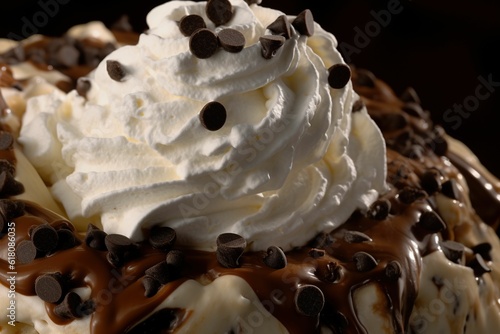 Closeup shot of whipped cream with chocolate chips.