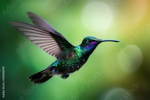 AI-generated illustration of a colorful hummingbird flying again a green blurry background.