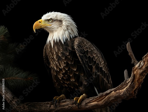 AI-generated illustration of a majestic eagle is perched atop a tree branch.