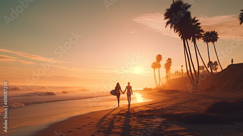A beach with palm trees in the early morning and lots of trendy surfer people. a surfer couple silhouette in the foreground walking towards the shore. © Visual Realm