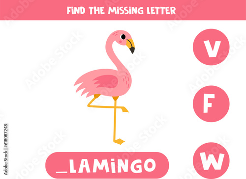 Find missing letter with cartoon flamingo. Spelling worksheet.