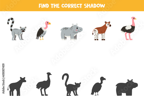 Fototapeta Naklejka Na Ścianę i Meble -  Find shadows of cute African animals. Educational logical game for kids.