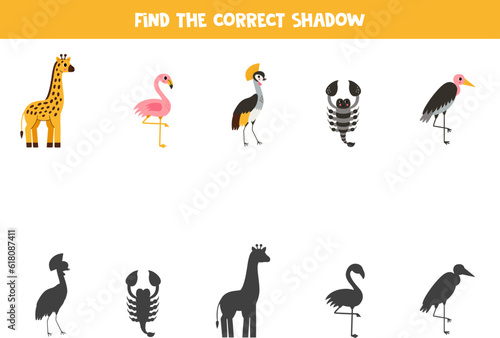Find shadows of cute African animals. Educational logical game for kids.