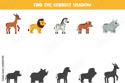 Find shadows of cute African animals. Educational logical game for kids.