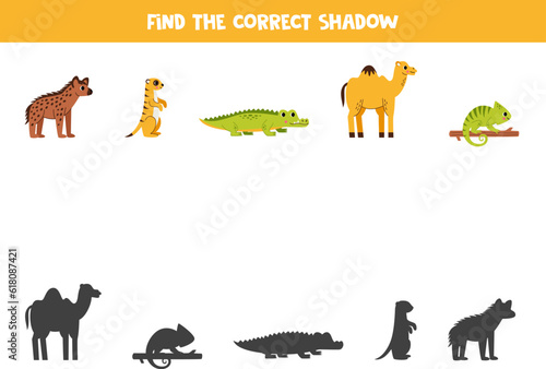 Find shadows of cute African animals. Educational logical game for kids. Printable worksheet for preschoolers.