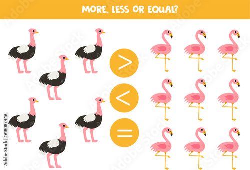 More, less or equal with cartoon African birds.
