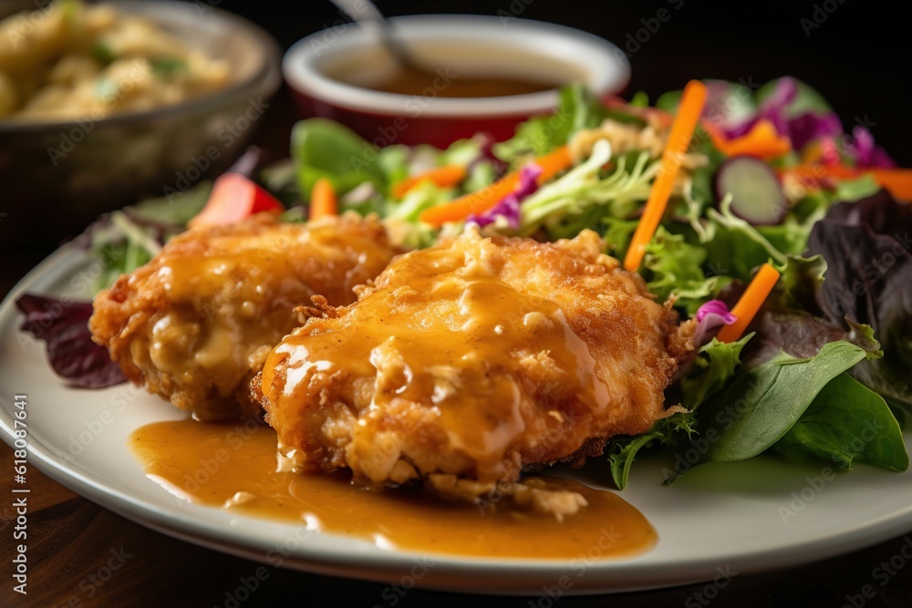 AI generated illustration of delicious plate of fried chicken served with side of salad and dressing AI generated illustration of delicious plate of fried chicken served with side of salad and dressing