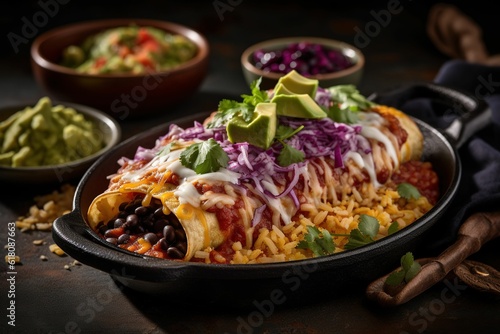 AI generated illustration of an appetizing plate of a tasty taco enchilada photo