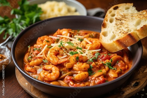a bowl of chili and shrimp with bread, parmesan and parsley