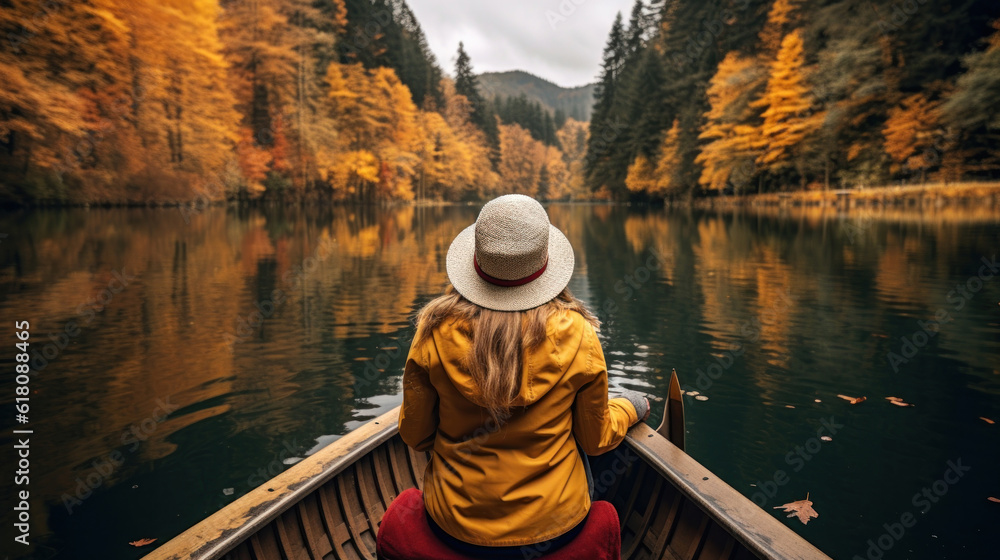 A Young Woman in a Canoe on a Calm Lake During Autumn
