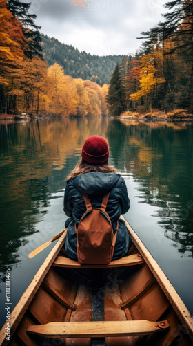 A Young Woman in a Canoe on a Calm Lake During Autumn