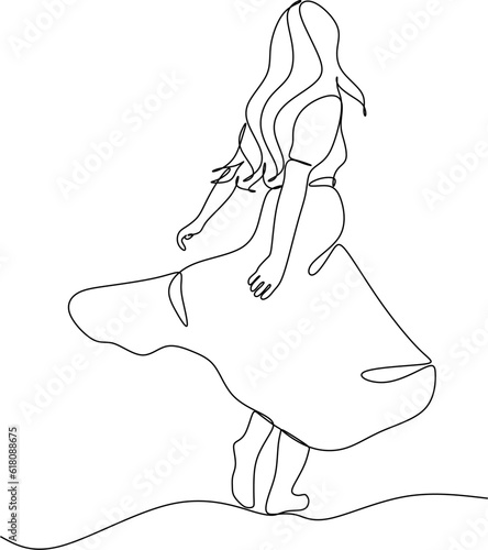 Beautiful woman in long flowing dress in continuous line art drawing style. Girl wearing luxury evening or bridal gown. Minimalist black linear sketch isolated on white background. Vector illustration