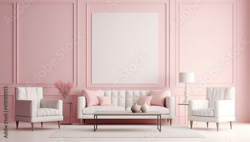 Empty interior frame mockup  picture holder on pink wall background. Blank template wall framing in stylish interior design. Copy space canvas for painting  art  poster  picture. Ai generative