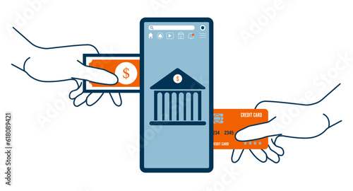 Financial transactions on smartphones. P2P(peer to peer). Vector illustration isolated on white background. eps10