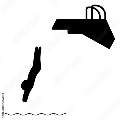 Jumping into the water from the springboard. The athlete jumps from the rack backwards. Silhouette. Vector illustration. The man is engaged in water sport. Isolated background. Idea for web design.