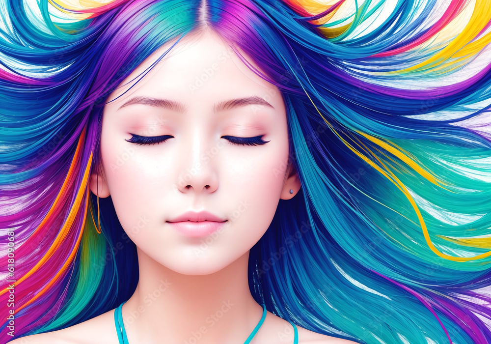Multicolored portrait of a beautiful girl. Generative AI.
