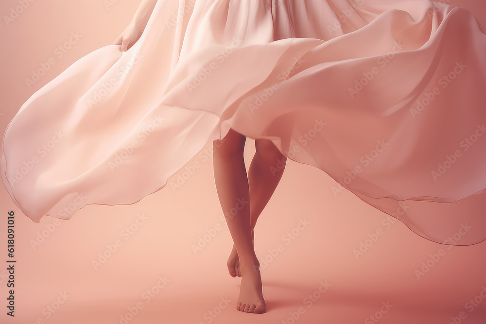 Smooth women's legs in a silk airy fall cloth. Pastel pink light colors, creative concept for effective hair removal, laser depilation. Generative AI photo . - obrazy, fototapety, plakaty 