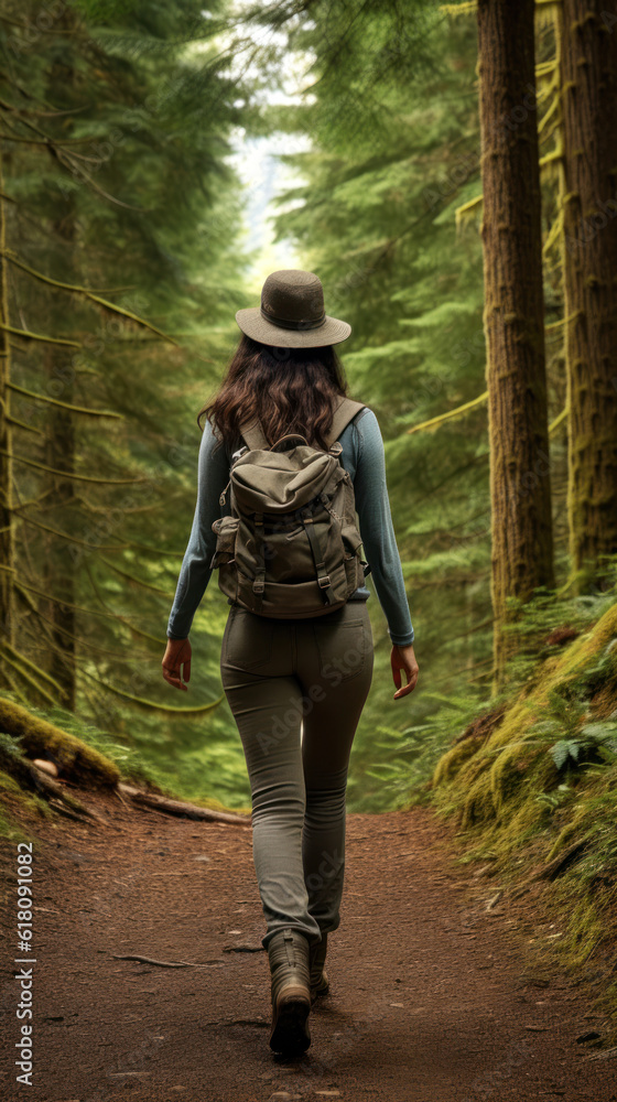 A Young Woman Hiking in a Green Conifer Forest