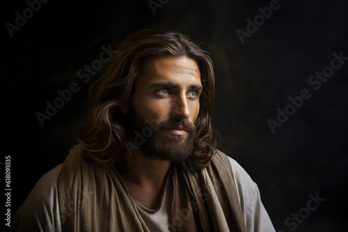 Pensive Jesus Christ on black background