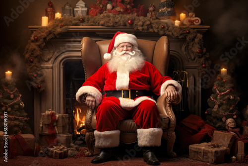 Generative AI illustration of Santa Claus in red costume and eyeglasses sitting on leather armchair against decorated fireplace with burning candles and presents