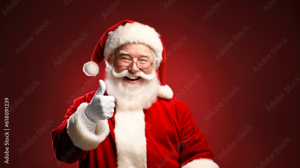 Generative AI illustration of happy senior Santa Claus in glasses and white gloves showing like gesture against red background during Christmas holidays