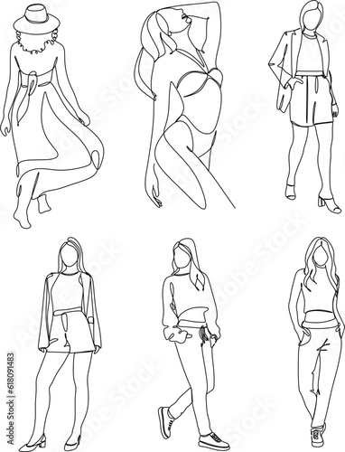 Stylish fashion models set. Abstract stylized female figures. Fashion womans sketch style. Isolated objects on white background. Vector illustration