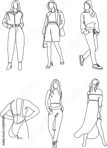 Stylish fashion models set. Abstract stylized female figures. Fashion womans sketch style. Isolated objects on white background. Vector illustration