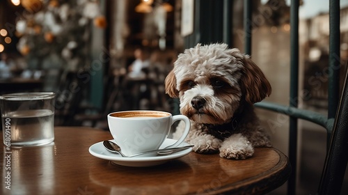 AI generated illustration of A adorable dog enjoying coffee in the cafe photo