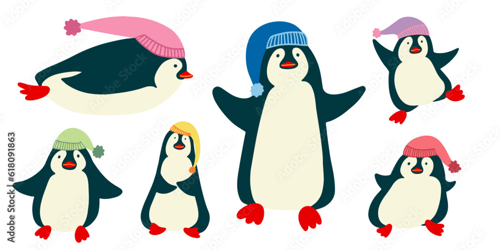 Obraz premium Set of vector illustration penguins flat design.