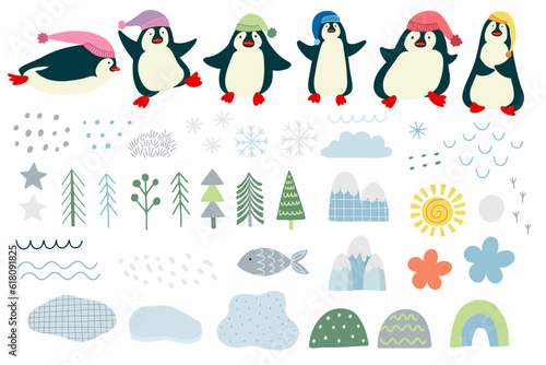 Set of vector illustration elements, penguins, mountains, fish, abstract elements, Christmas trees, sun, rainbow, snowflakes, star, flat design. photo