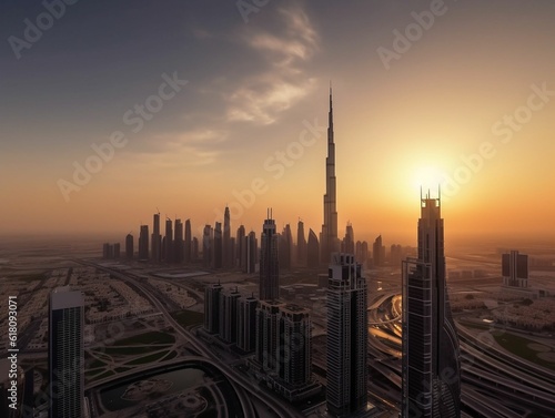 AI generated illustration of a city skyline at sunset, taken from the top of a tall skyscraper © Orfrederick/Wirestock Creators