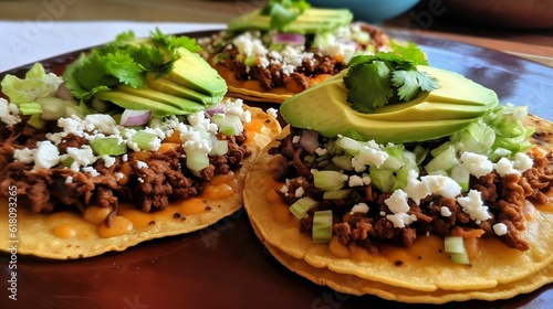 AI generated illustration of tostadas, traditional Mexican dish with beans, meat, cheese