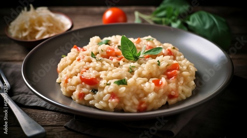 AI generated illustration of a delicious Risotto dish with tomatoes and basil
