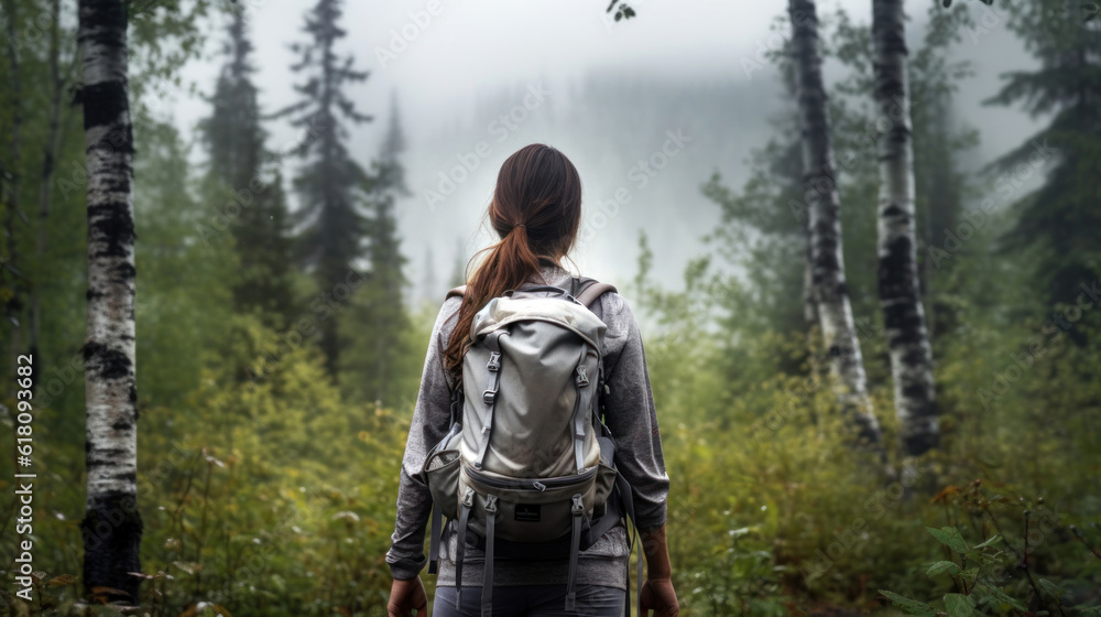 A Young Woman Hiking in Misty Birch Forest