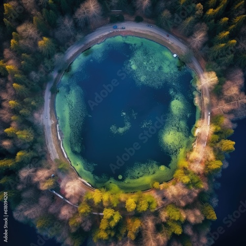 Top view of a reservoir filled with water located in the forest. Generative AI