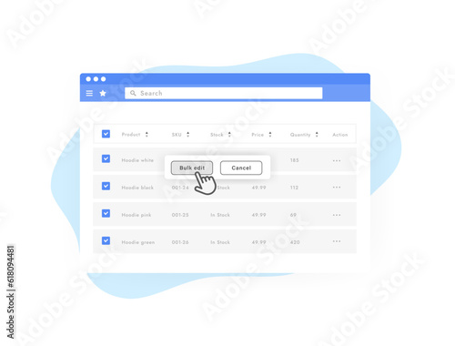 Marketplace Inventory Management system concept. Sales Dashboard with Bulk editor option modal window to quickly change price, quantity or availability of goods in online marketplace