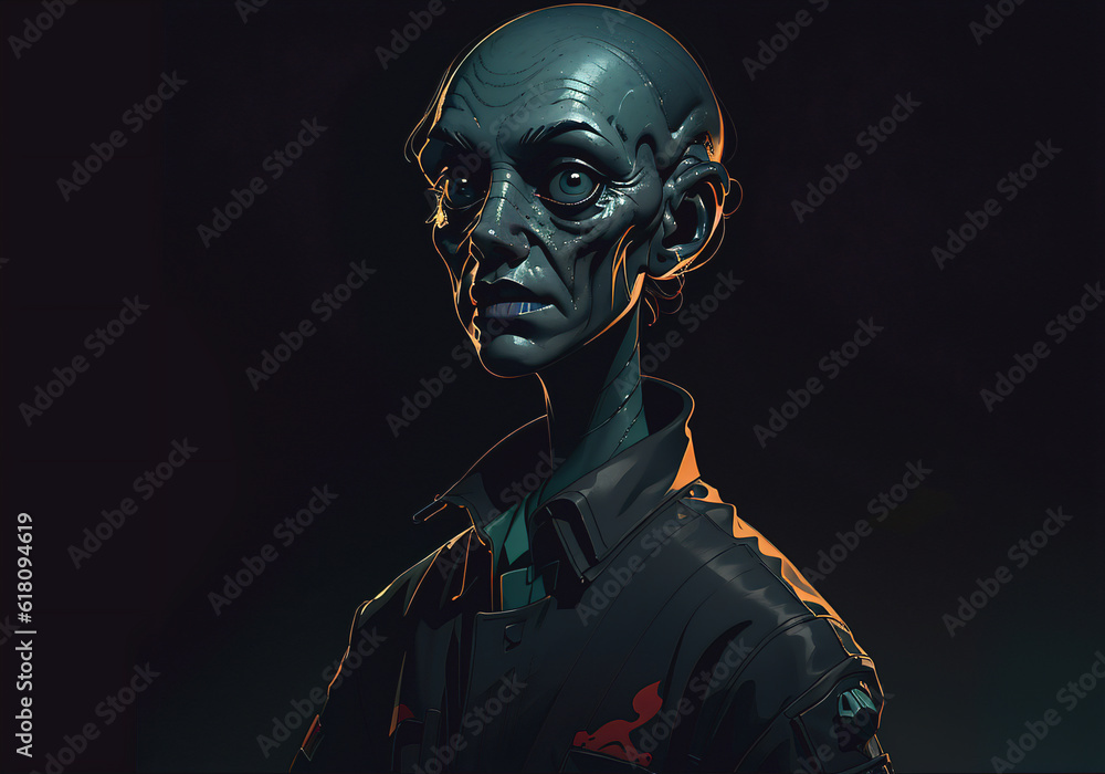 Portrait of an alien, a creepy humanoid in casual clothes on a black background. Generative AI Portrait of an alien, a creepy humanoid in casual clothes on a black background. Generative AI
