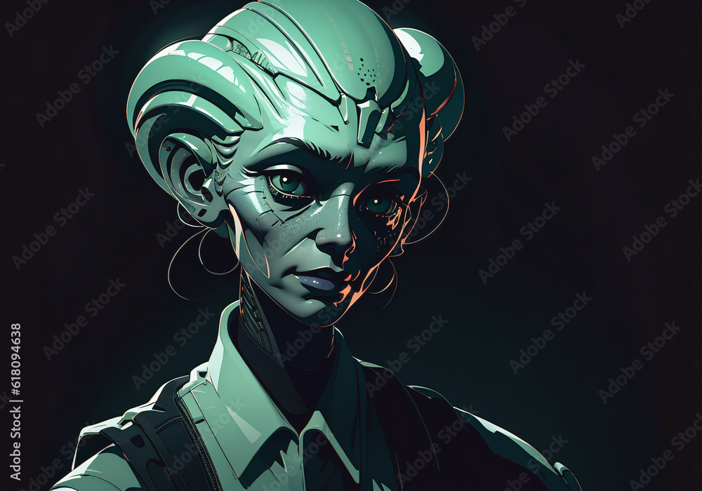 Portrait of an alien, a creepy humanoid in casual clothes on a black background. Generative AI Portrait of an alien, a creepy humanoid in casual clothes on a black background. Generative AI