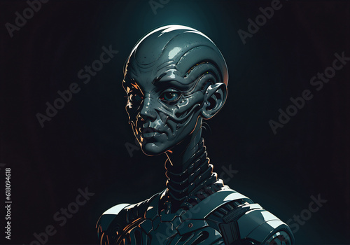 Portrait of an alien  a creepy humanoid in casual clothes on a black background. Generative AI