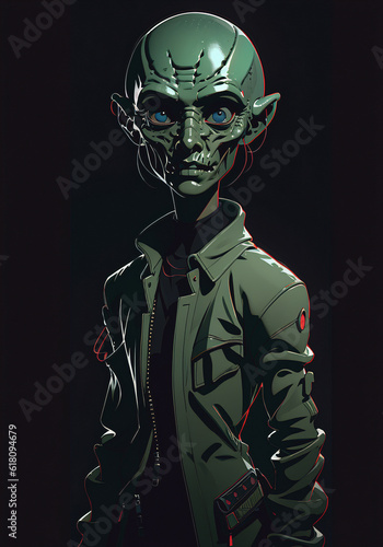 Portrait of an alien, a creepy humanoid in casual clothes on a black background. Generative AI