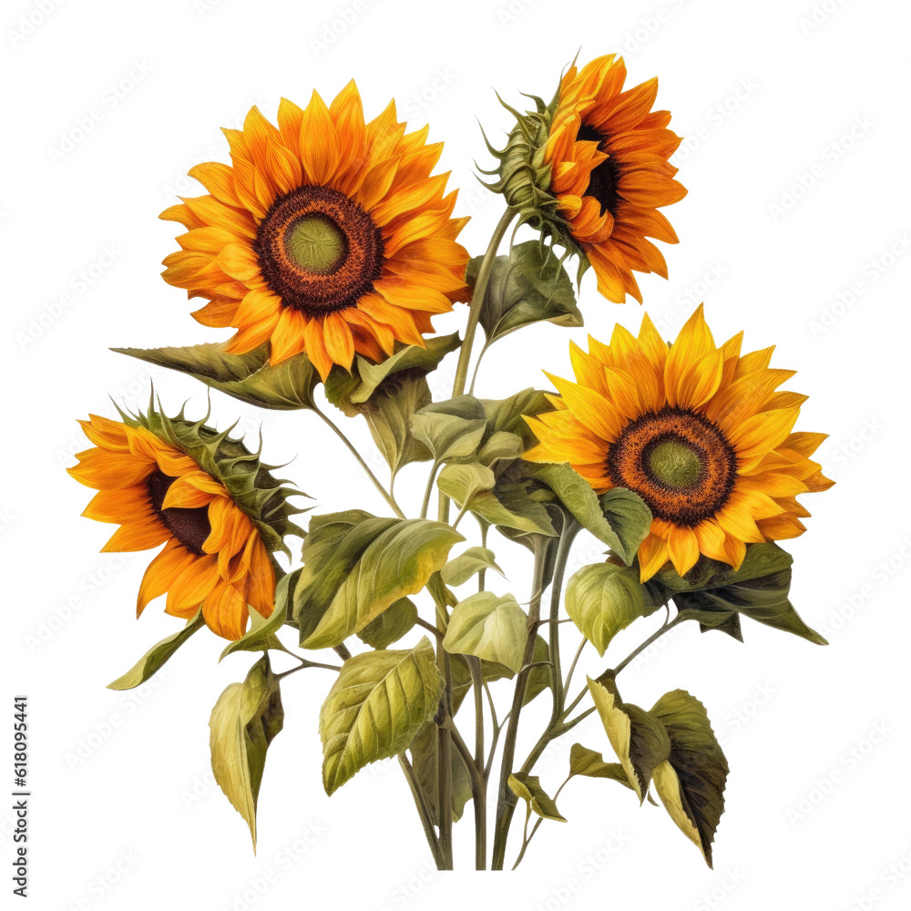 Sunflowers, bouquet of sunflowers, watercolor drawing in the style of realistic, detailed rendering isolated on transparent background png - Generative AI Sunflowers, bouquet of sunflowers, watercolor drawing in the style of realistic, detailed rendering isolated on transparent background png - Generative AI