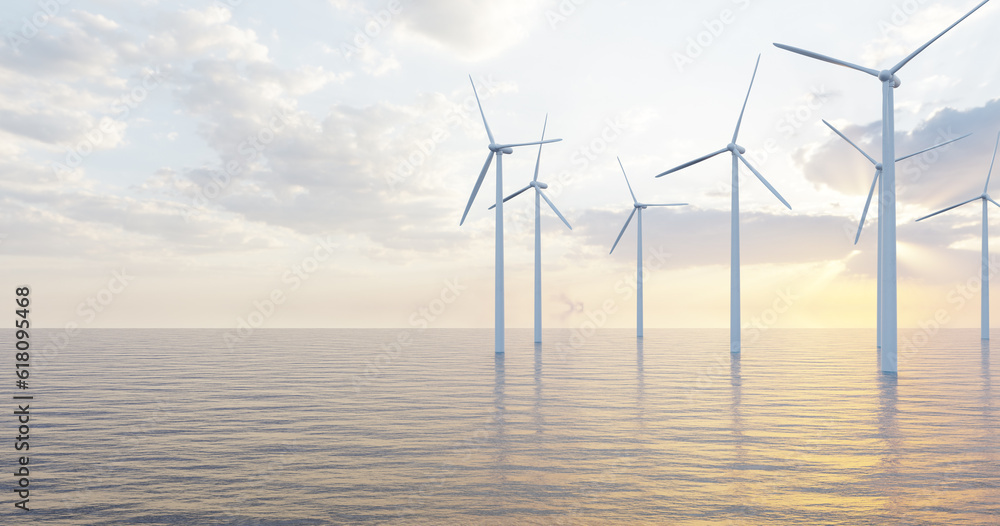 Wind turbine offshore plant in an ocean at sunrise, 3d rendering, alternative energy production