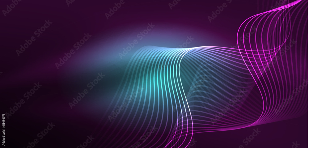 Shiny glowing neon wave. Neon light or laser show, electric impulse, power lines, techno quantum energy impulse, magic glowing dynamic lines Shiny glowing neon wave. Neon light or laser show, electric impulse, power lines, techno quantum energy impulse, magic glowing dynamic lines