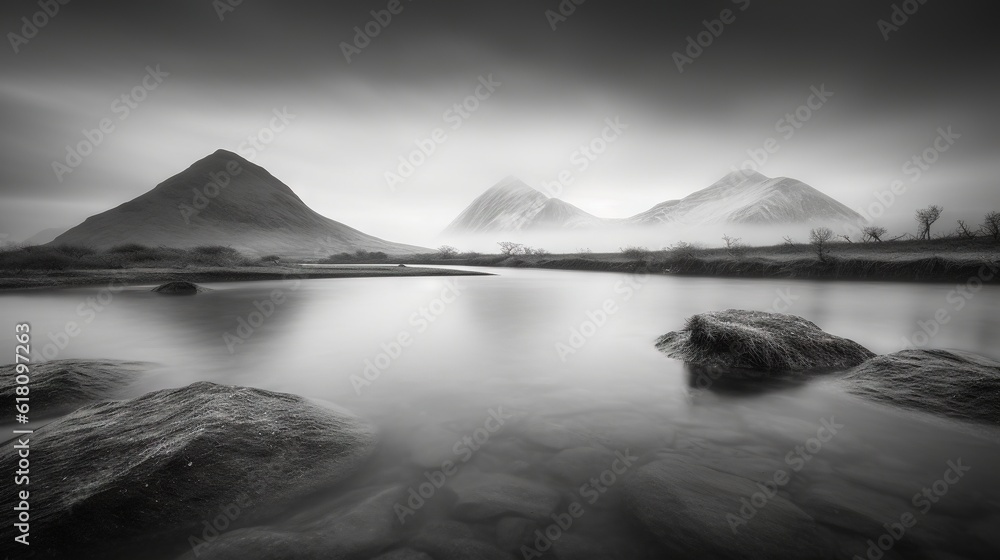  a black and white photo of a mountain range and a river.  generative ai