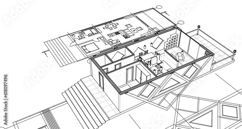 interior kitchen living room 3d illustration