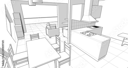interior kitchen living room 3d illustration