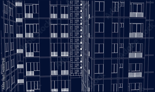 Illustration of an apartment facade, line drawing blueprint