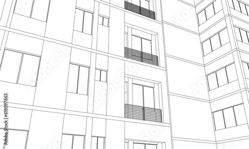 Illustration of an apartment facade, line drawing blueprint